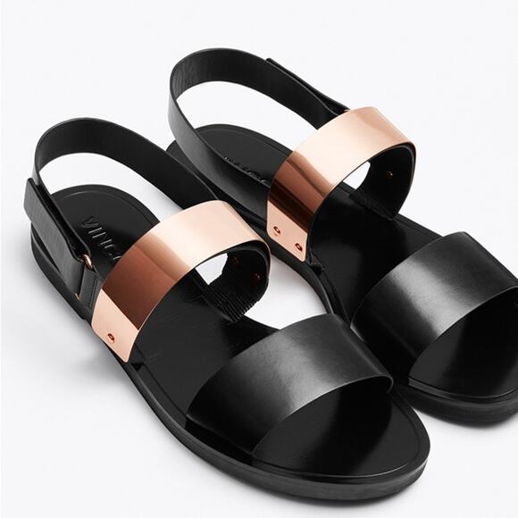 Vince Black Leather Rose Gold Ankle Strap Flat Sandals Size 7 - Picture 1 of 6